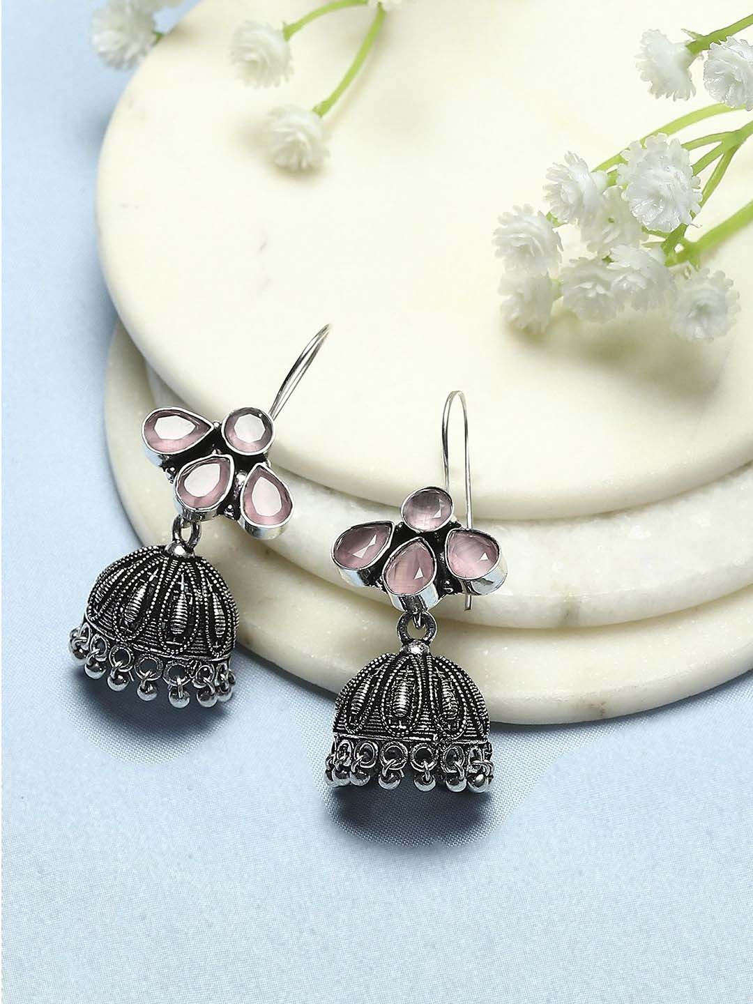 

Biba Silver-Plated Oxidised Contemporary Jhumkas Earrings, Pink