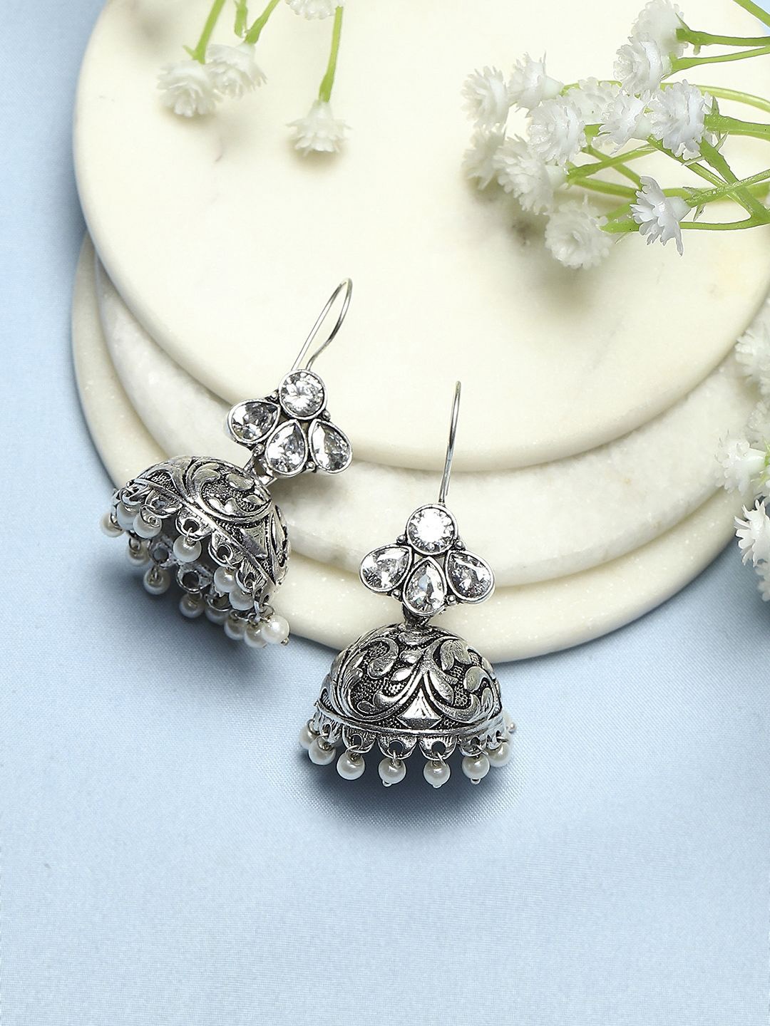 

Biba Silver-Plated Oxidised Contemporary Jhumkas Earrings, White