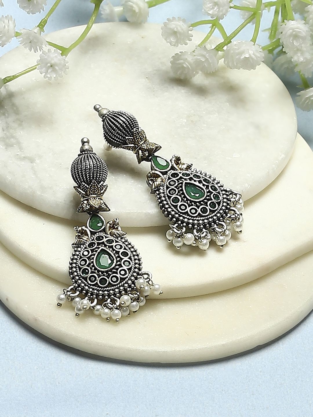 

Biba Silver-Plated Oxidised Contemporary Drop Earrings, Green