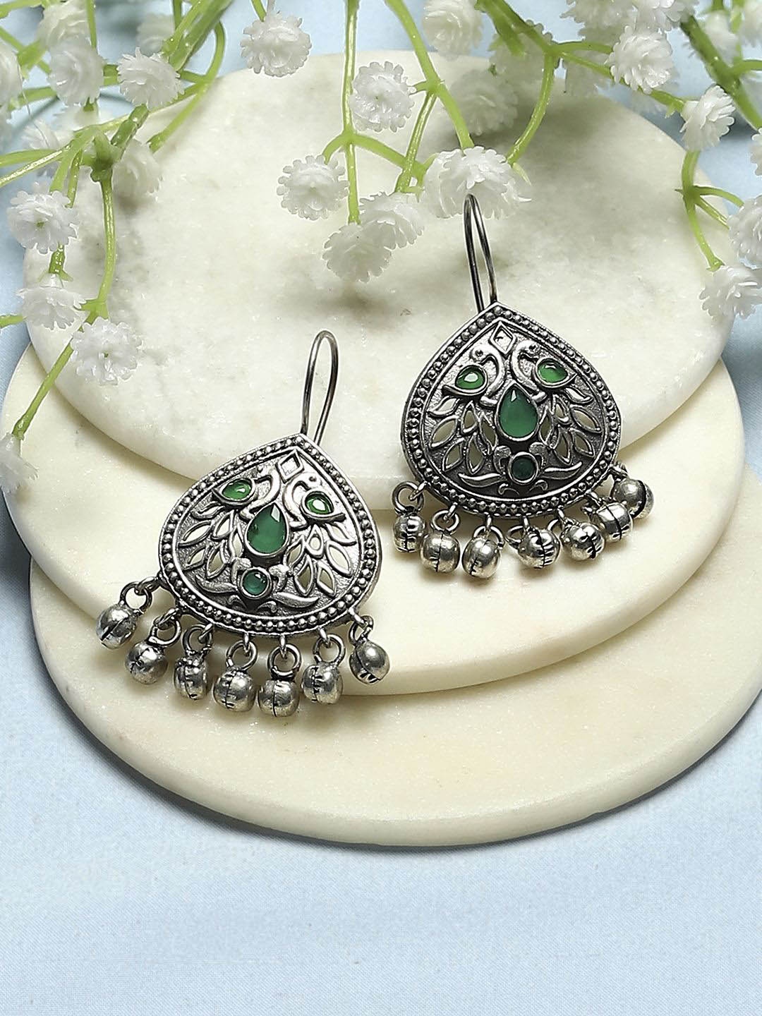 

Biba Silver-Plated Oxidised Teardrop Shaped Drop Earrings, Green