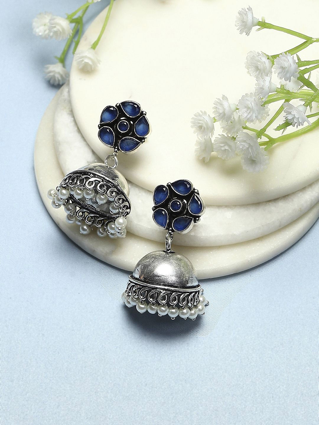 

Biba Silver-Plated Contemporary Oxidised Jhumkas Earrings, Blue