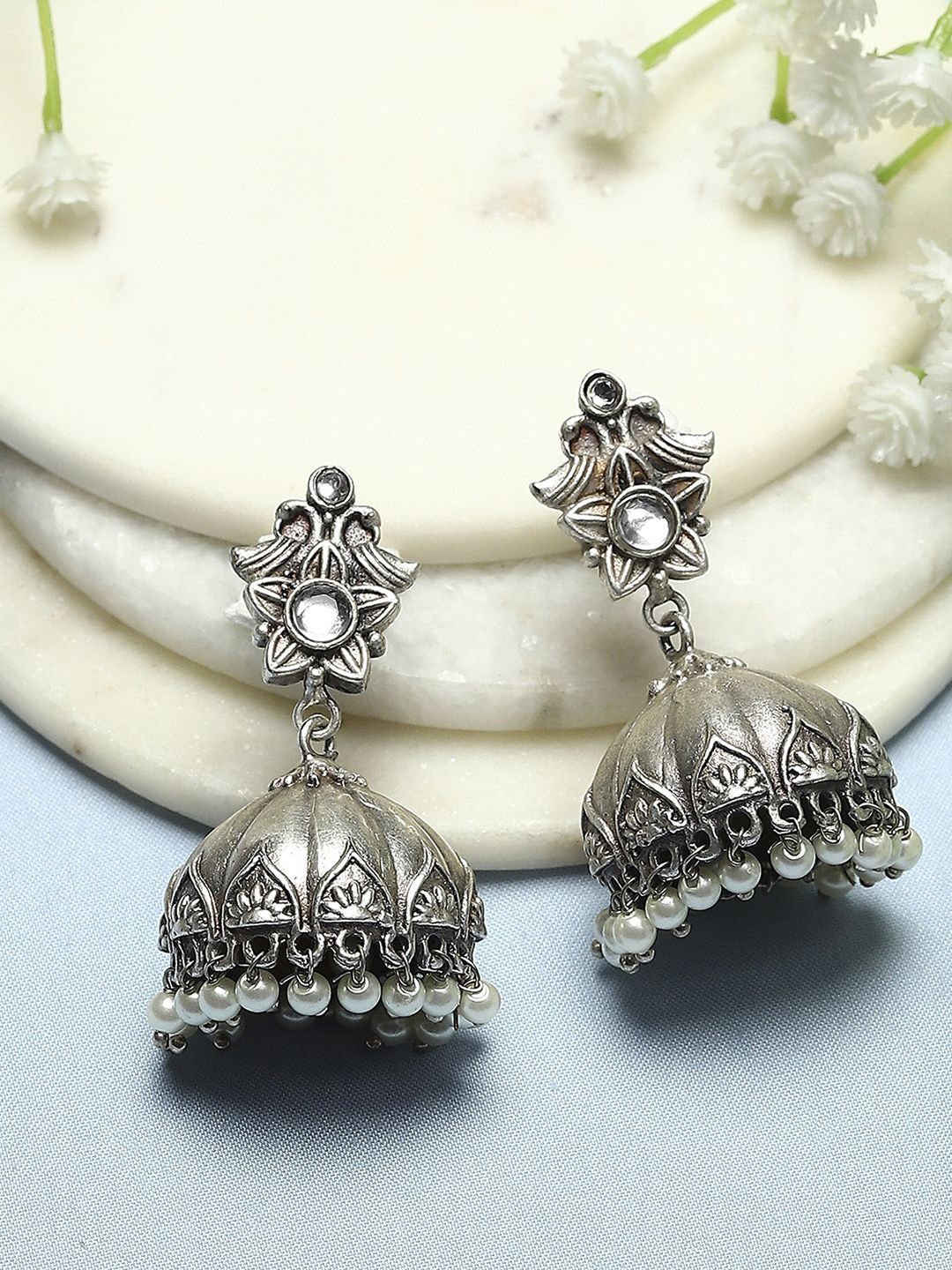 

Biba Silver-Plated Oxidised Contemporary Jhumkas Earrings, White