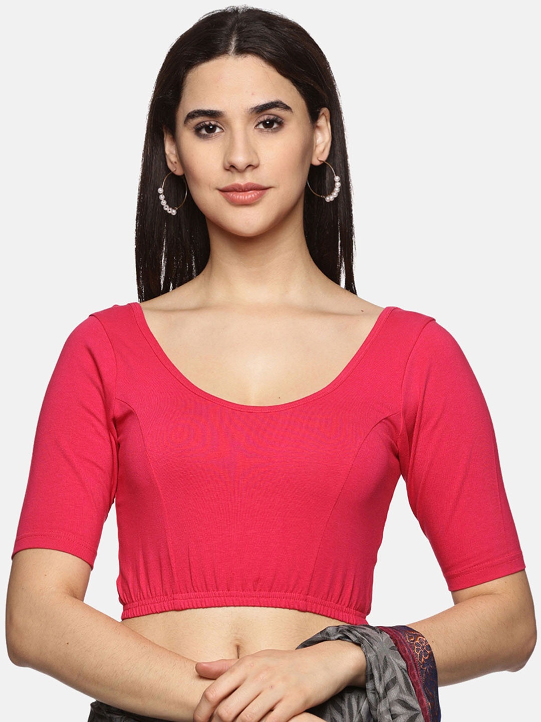 

NOT YET by us Round Neck Back Stretch Saree Blouse, Pink
