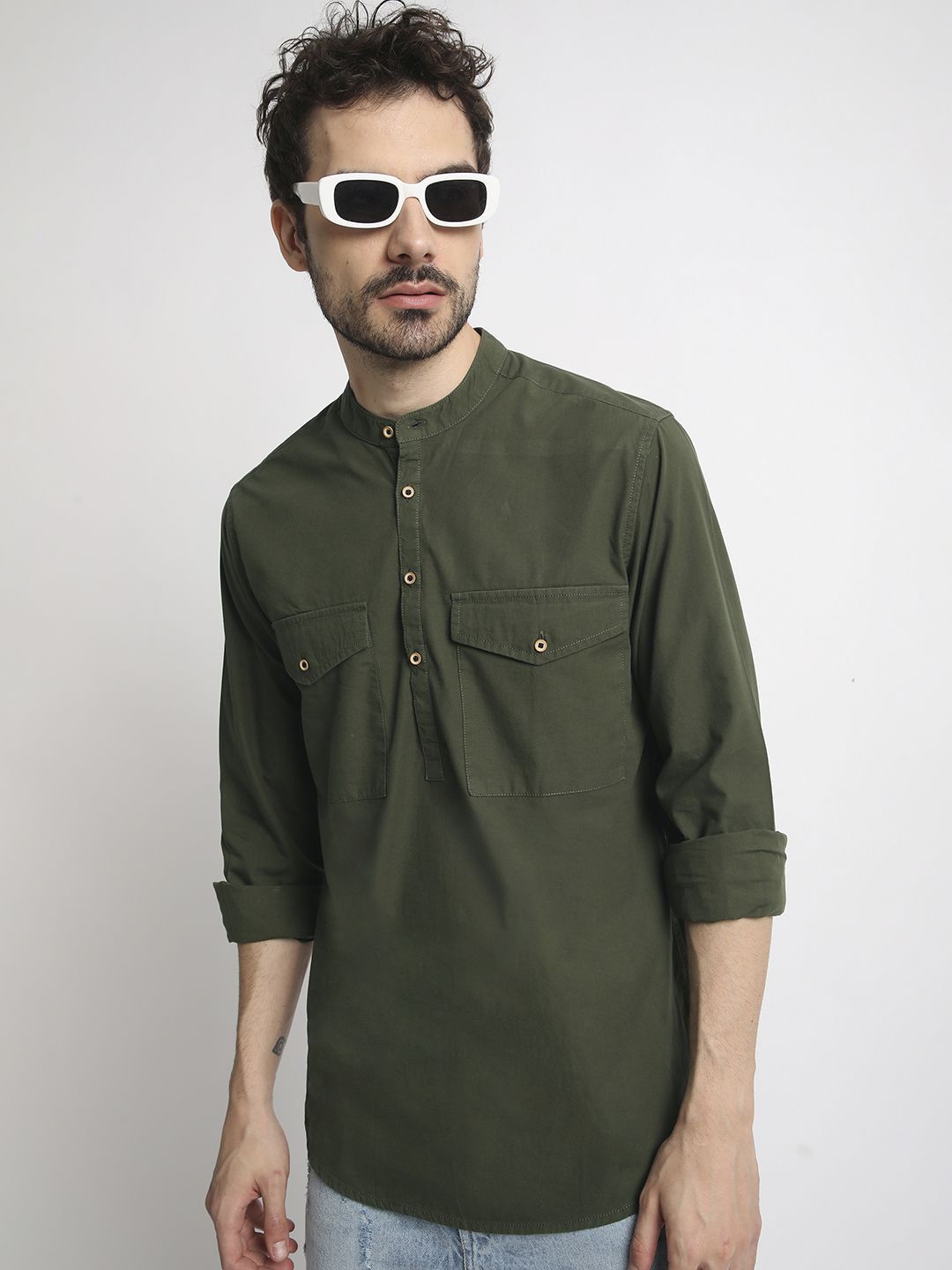 

IVOC Men Cotton Mandarin Collar Casual Full Sleeve Shirt, Olive
