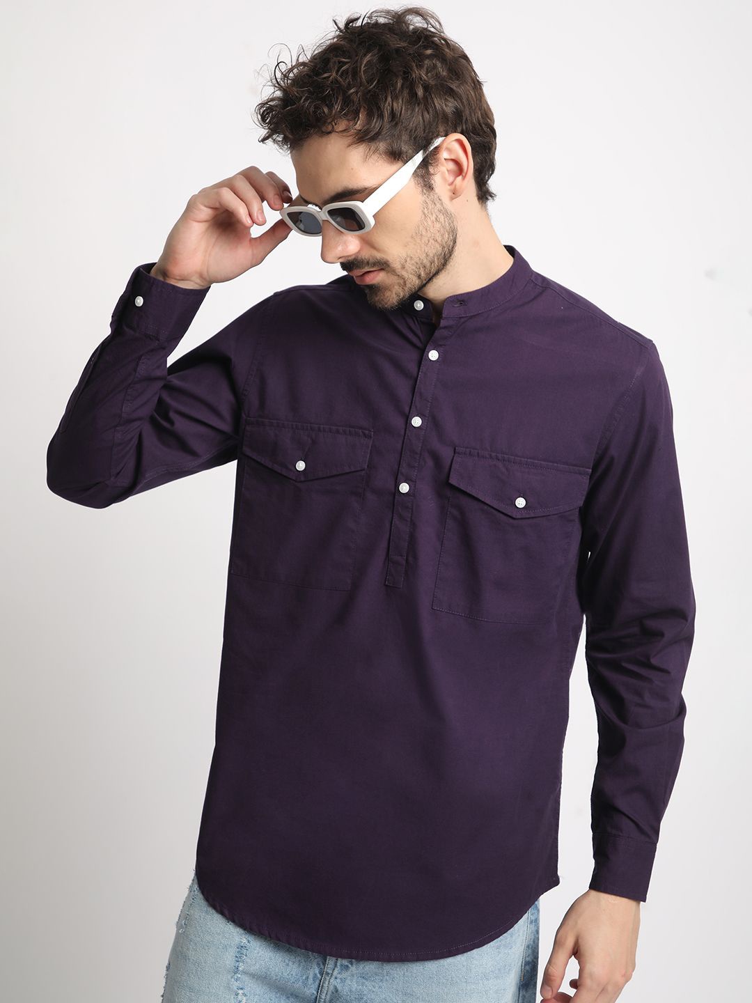 

IVOC Men Cotton Mandarin Collar Casual Full Sleeve Shirt, Purple