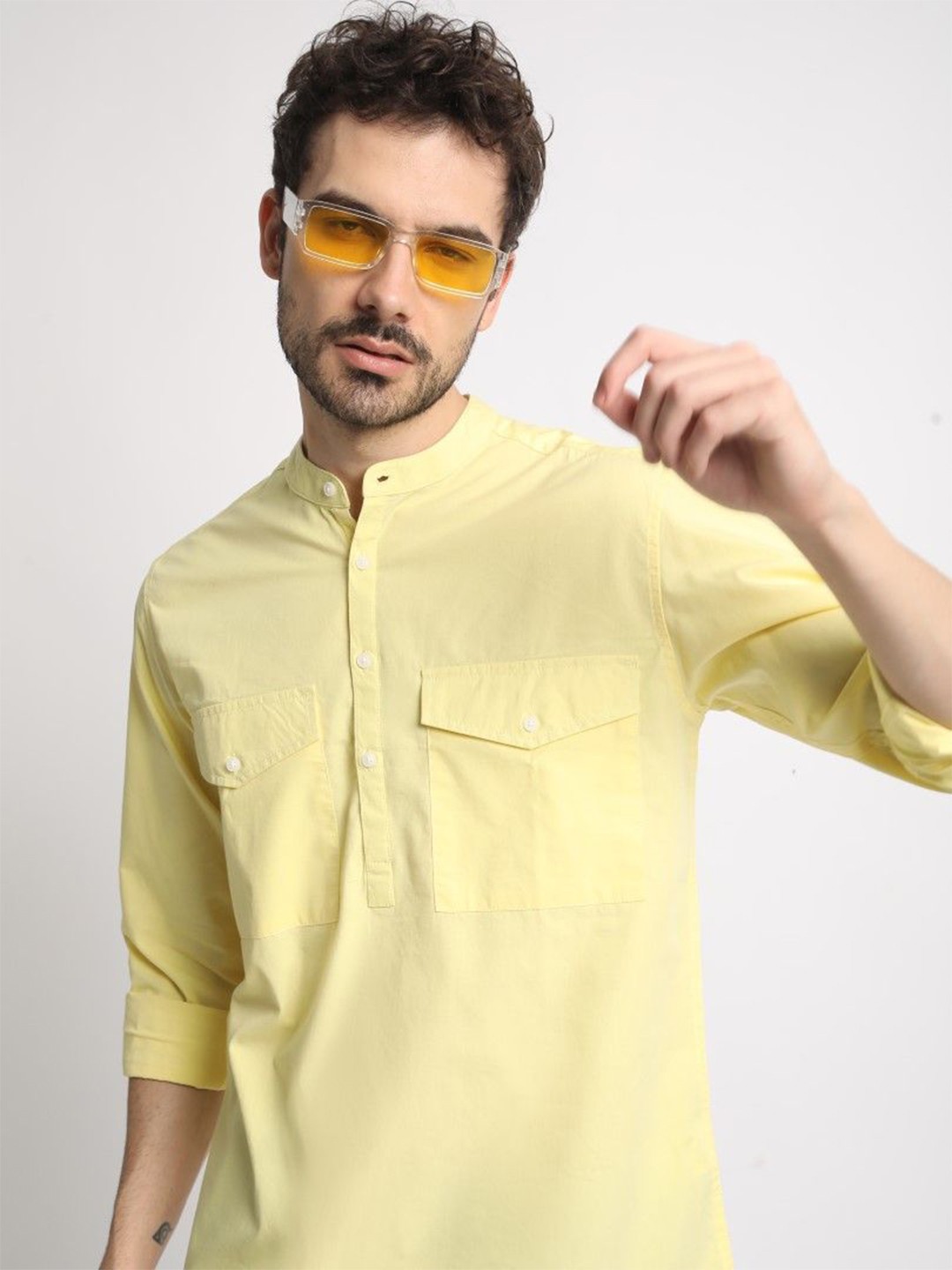 

IVOC Men Cotton Mandarin Collar Casual Full Sleeve Shirt, Yellow