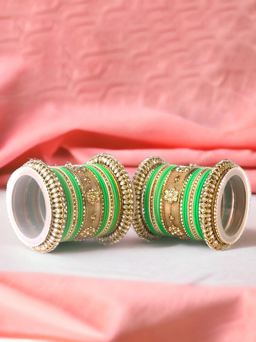 

leshya Set of 46 Brass-Plated Kundan Studded Bangles, Bronze