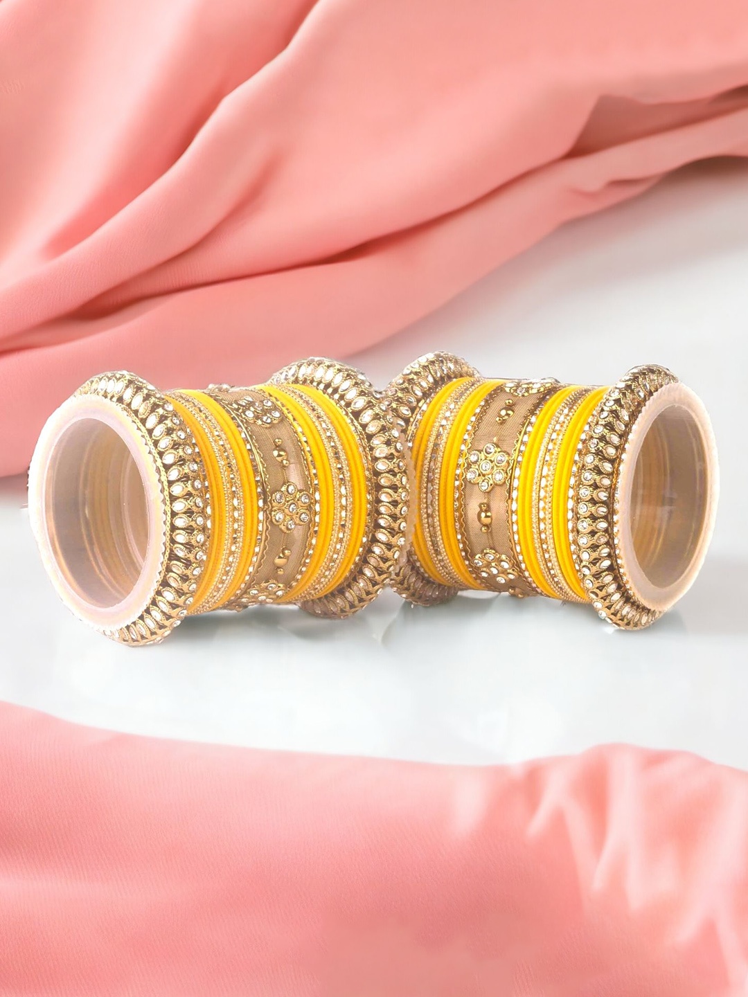 

leshya Set Of 46 Brass Plated Matte Finish Kundan Studded Bangles, Yellow