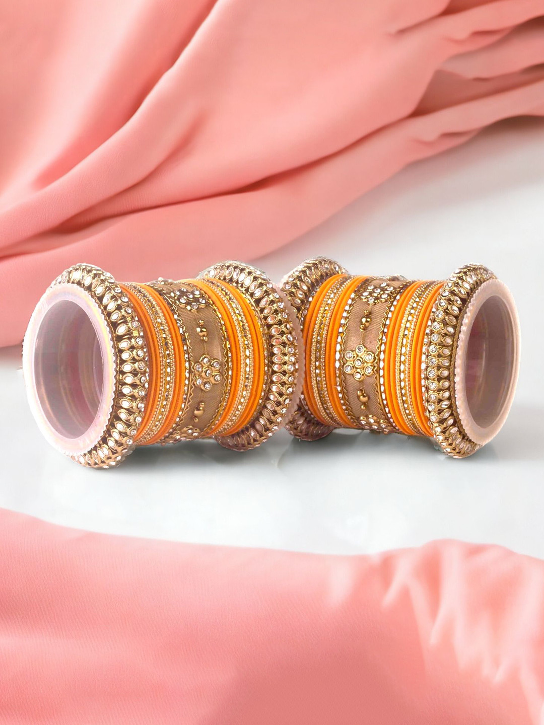 

leshya Set Of 46 Brass-Plated Matte Finish Kundan-Studded Bangles, Yellow
