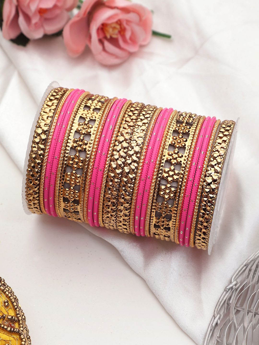 

leshya Set Of 22 Brass-Plated Flower Jaali Work Kundan Stone-Studded Bangles, Rose