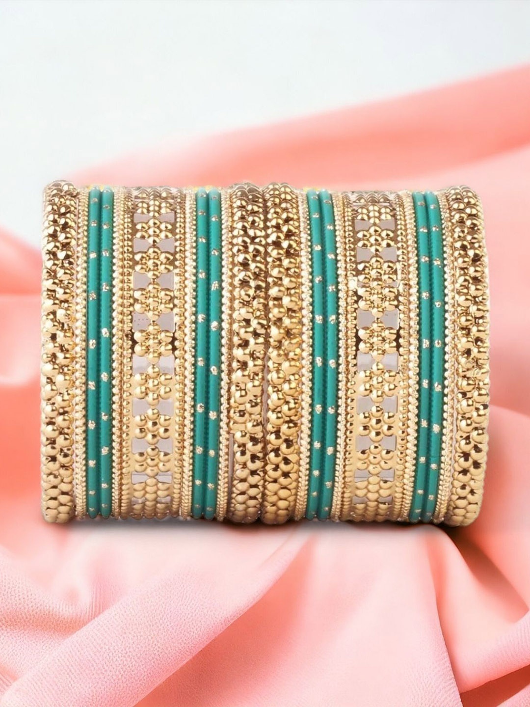 

leshya Set Of 22 Brass-Plated Flower Jaali Work Bangles, Teal