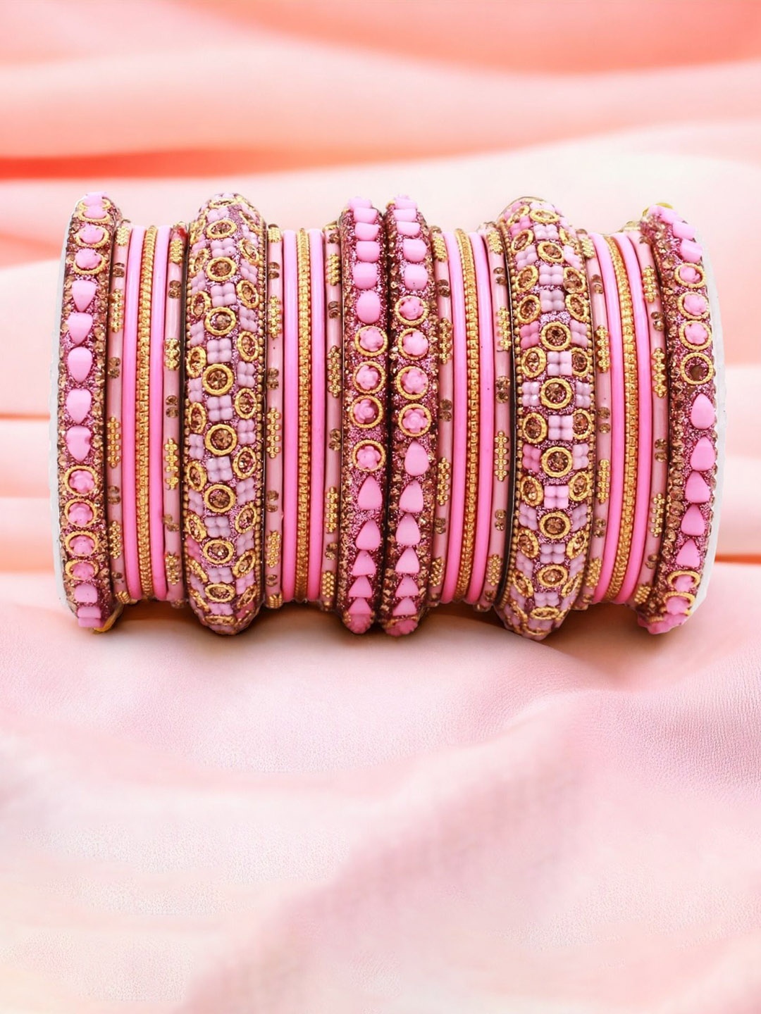 

leshya Set of 26 Brass-Plated Stone Studded Bangles, Pink