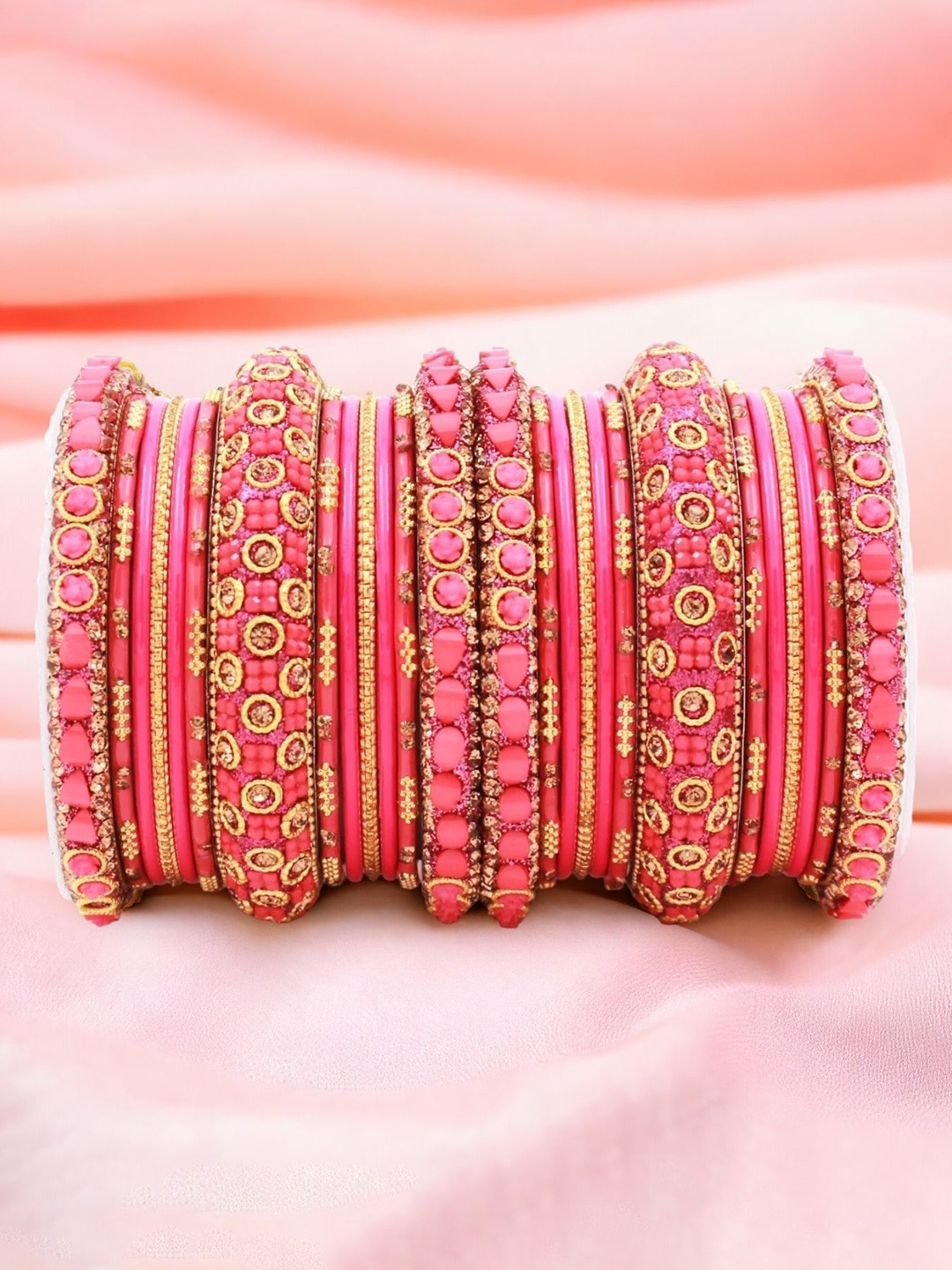 

leshya Set Of 26 Brass-Plated Stone-Studded Bangles, Rose