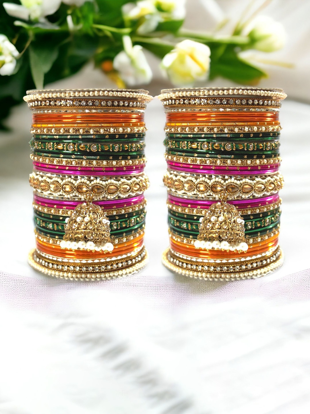 

leshya Set Of 33 Brass-Plated Kundan Stone-Studded Bangles, Gold