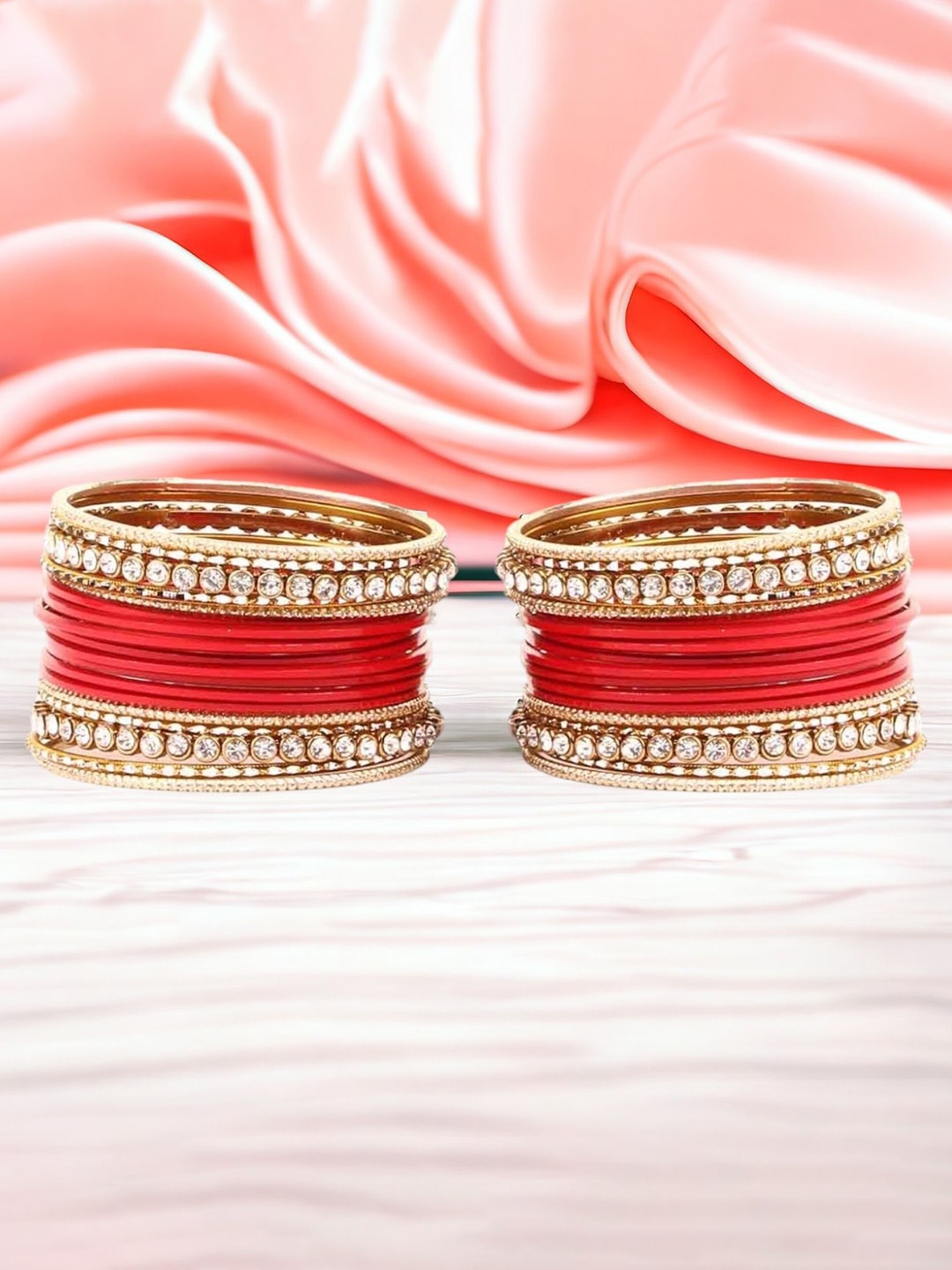 

leshya Set Of 36 Brass-Plated Kundan-Studded Bangle, Red