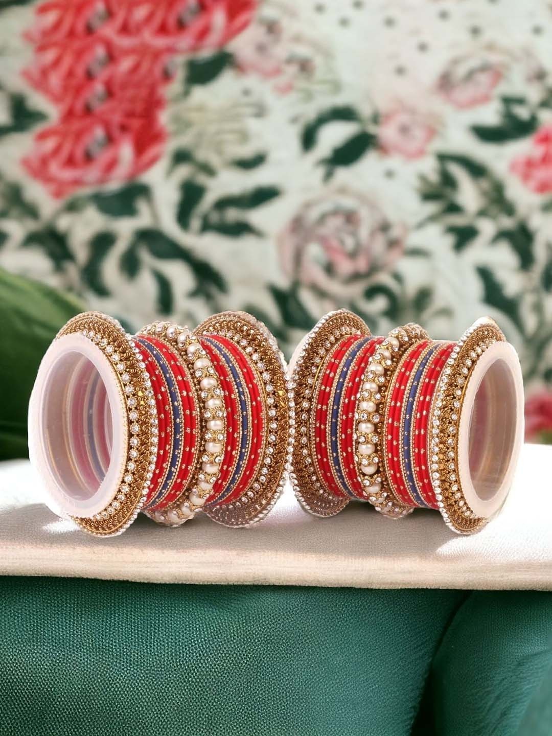 

leshya Set Of 50 Brass-Plated Stone Studded & Beaded Bangles, Red