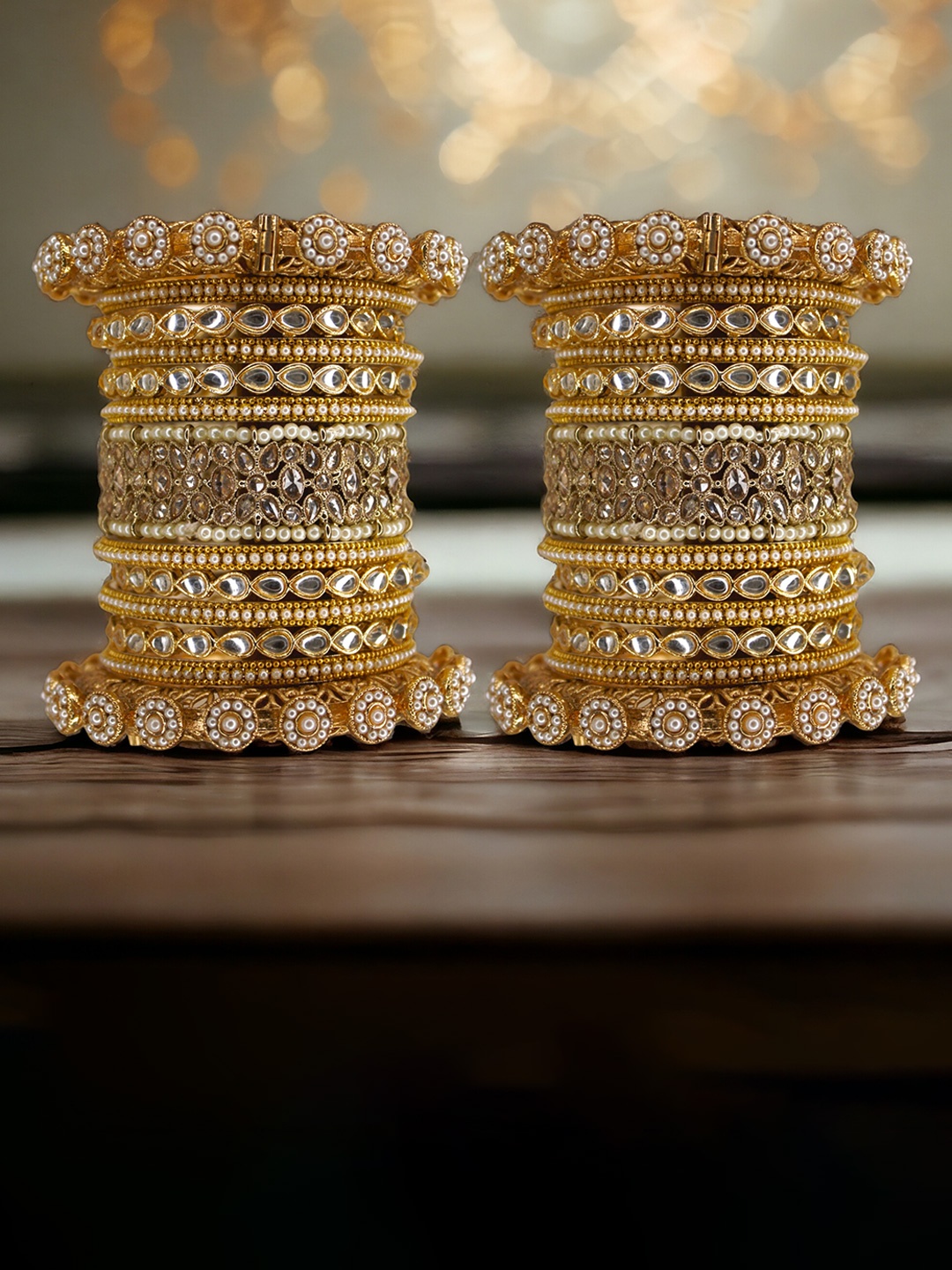 

leshya Set Of 13 Brass Plated Kundan Jhumki Ranisa Bangles, Gold