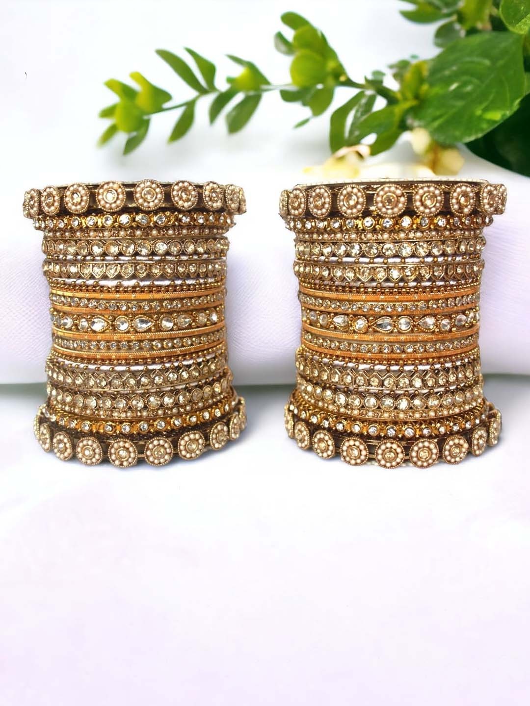 

leshya Set Of 46 Brass-Plated Kundan-Studded Bangle, Gold