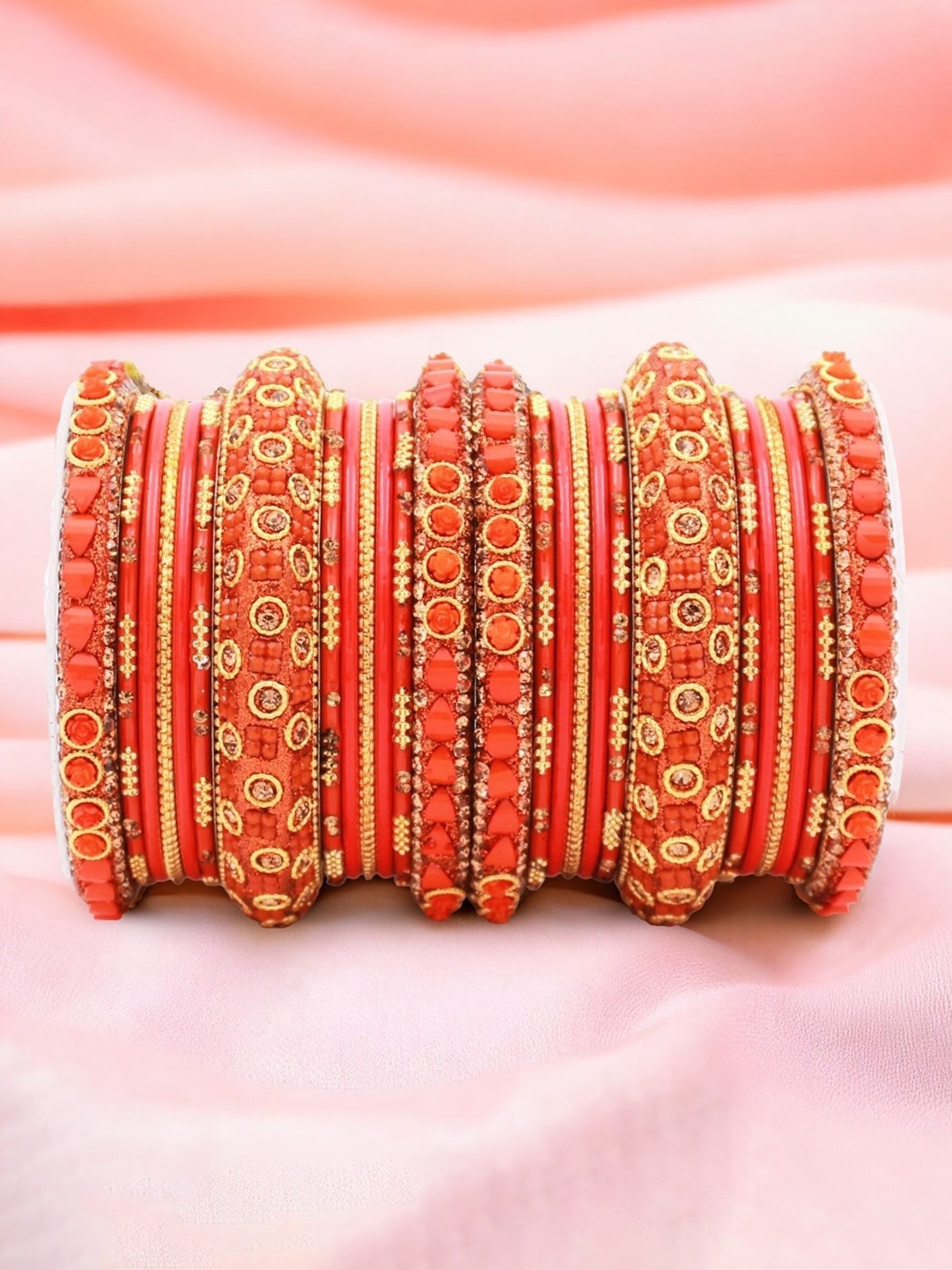 

leshya Set of 26 Brass-Plated Kundan Studded Bangles, Orange