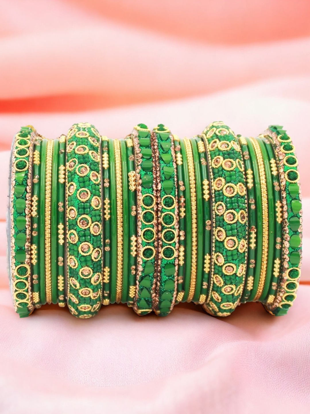 

leshya Set Of 26 Brass-Plated Stone-Studded & Beaded Bangle, Green