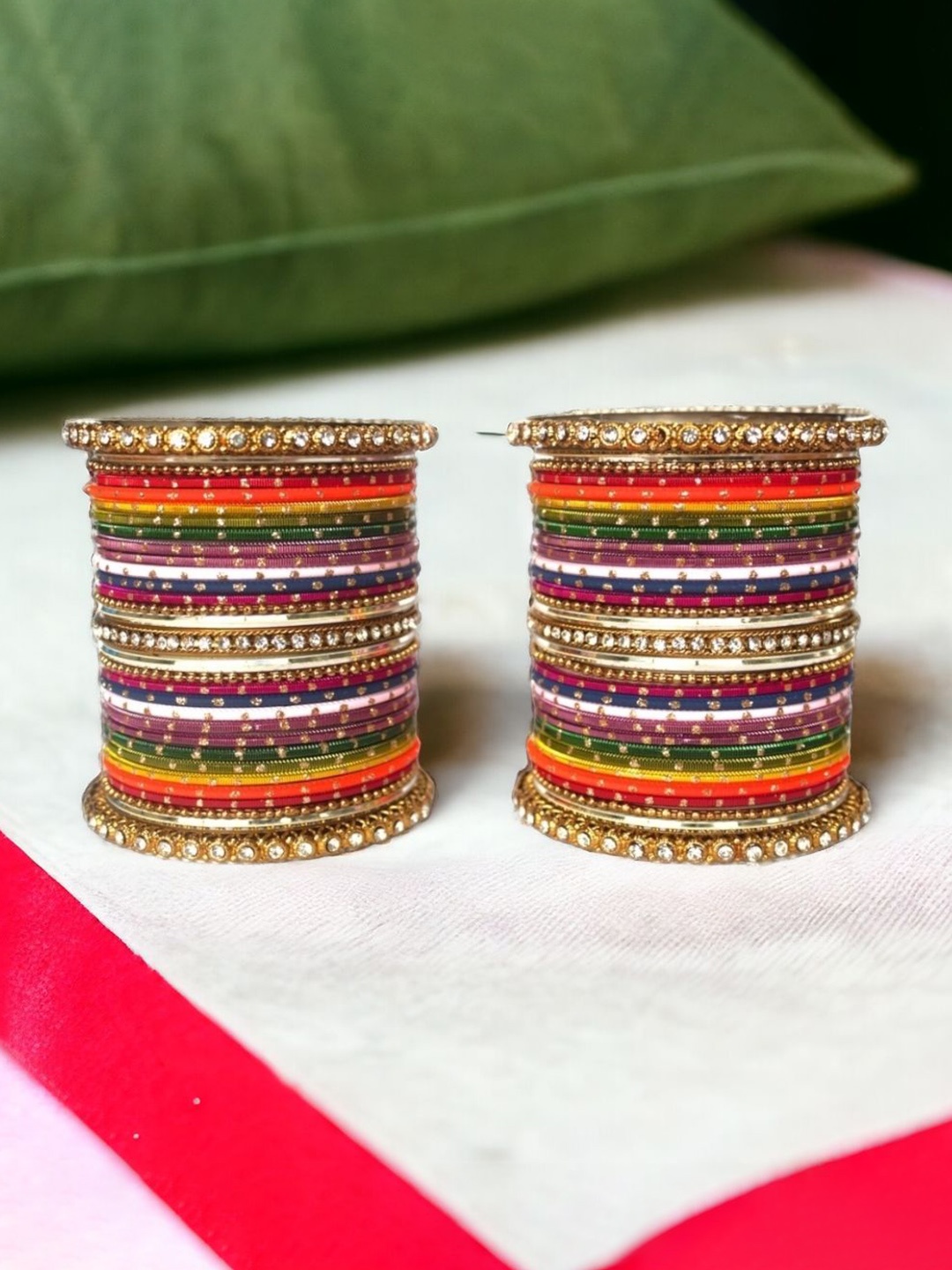 

leshya Set of 62 Brass-Plated Kundan Stone Studded Bangles, Orange