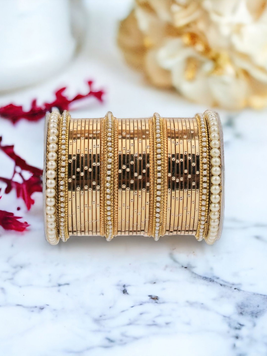 

leshya Set Of 68 Brass-Plated Kundan-Studded Bangle, Gold