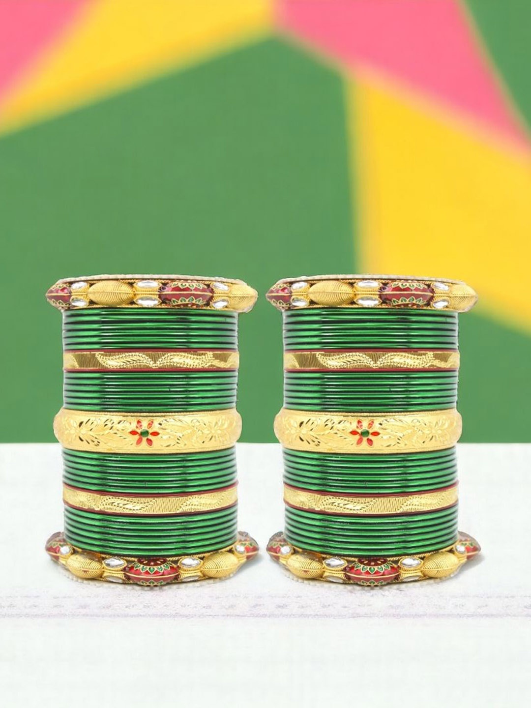 

leshya Set Of 58 Brass-Plated Kundan-Studded Bangle, Green