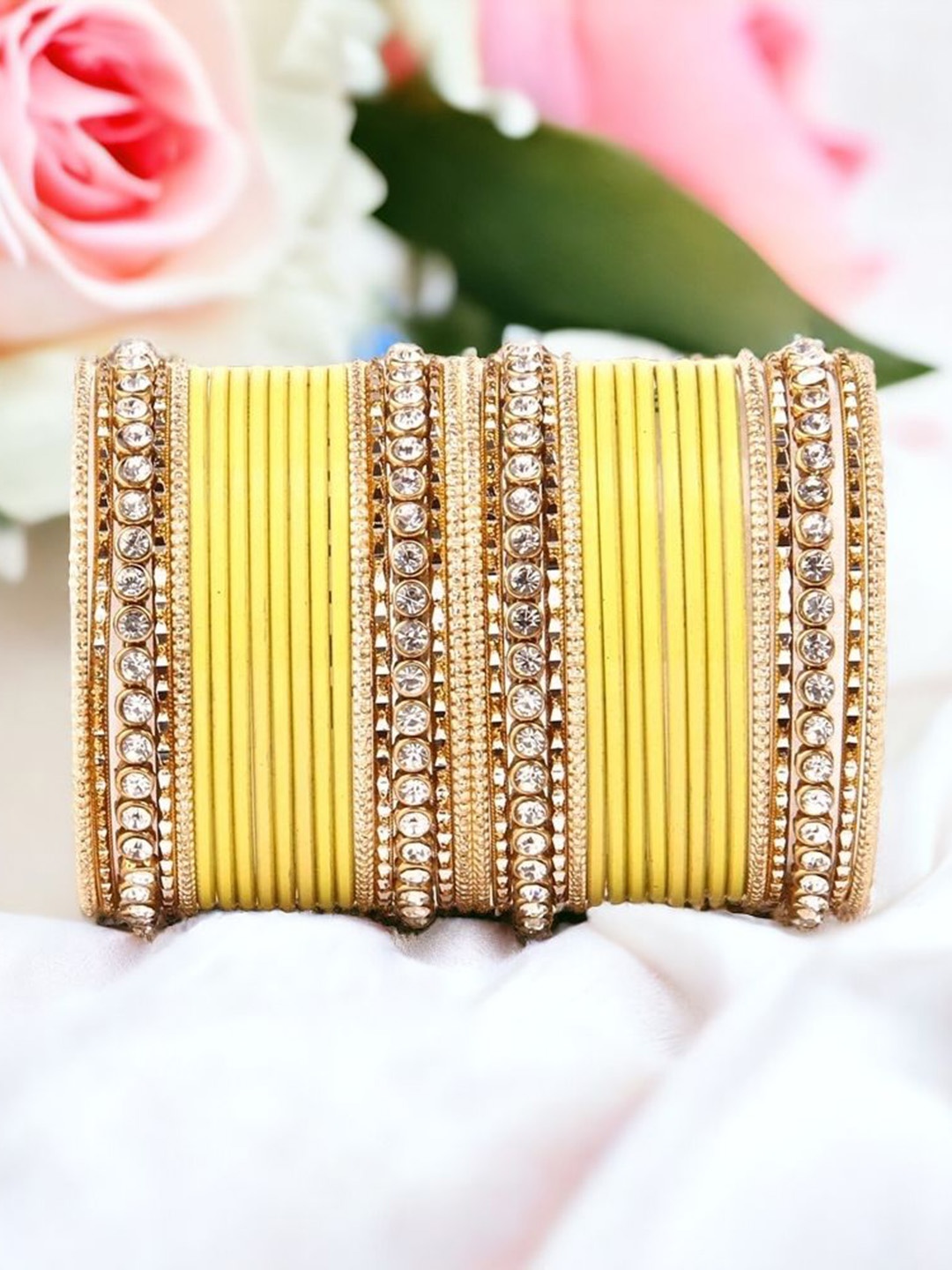 

leshya Set Of 36 Brass-Plated Kundan-Studded Bangle, Yellow