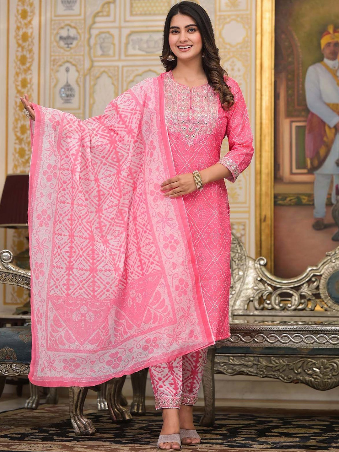 

ODETTE Bandhani Printed Mirror Work Straight Kurta With Trousers & Dupatta, Pink