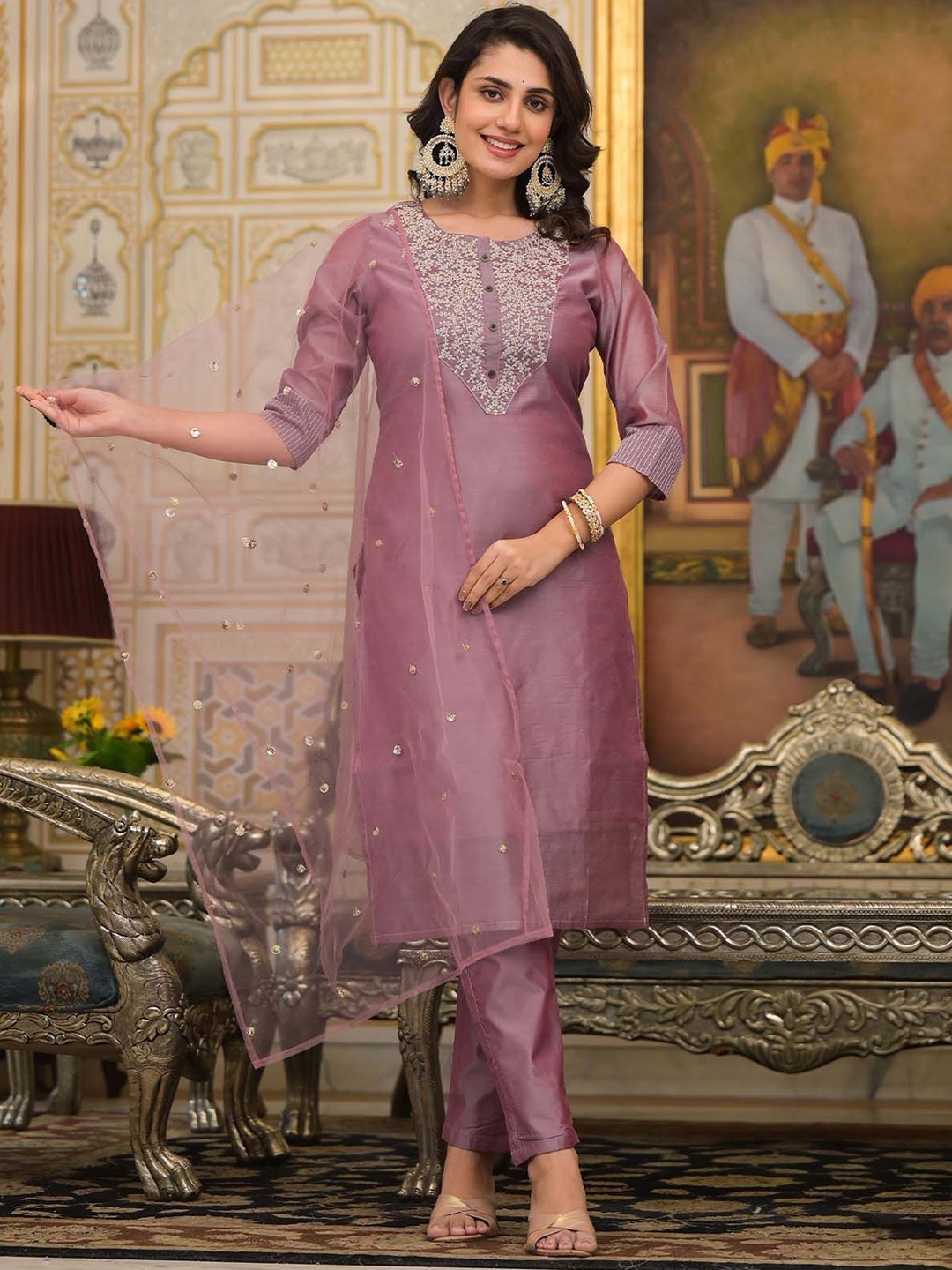 

ODETTE Floral Yoke Design Thread Work Straight Kurta With Trousers & Dupatta, Mauve