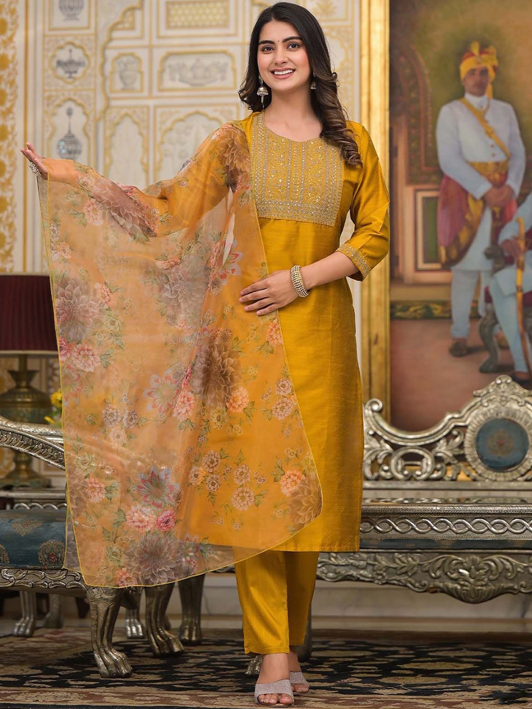 

ODETTE Ethnic Motifs Embroidered Sequinned Straight Kurta With Trousers & Dupatta, Mustard