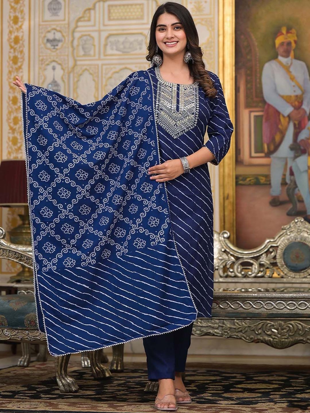 

ODETTE Leheriya Printed Sequinned Straight Kurta With Trousers & Dupatta, Navy blue