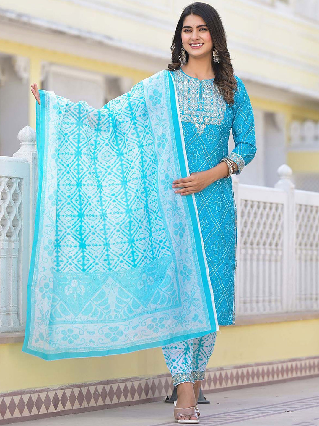 

ODETTE Bandhani Printed Mirror Work Straight Kurta With Trousers & Dupatta, Blue
