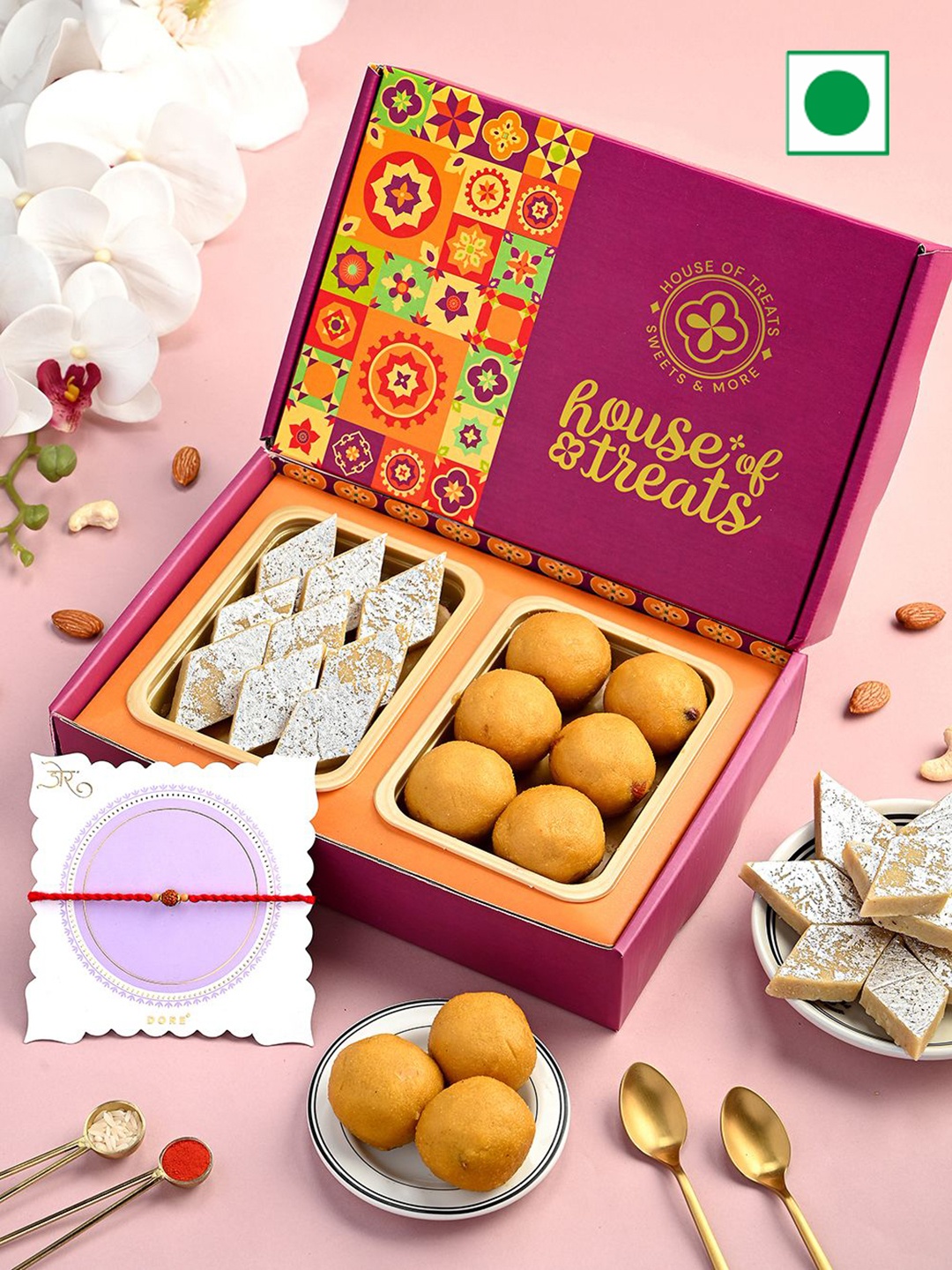 

RawFruit 3-Pcs Sweets Gift Box With Rakhi, Red