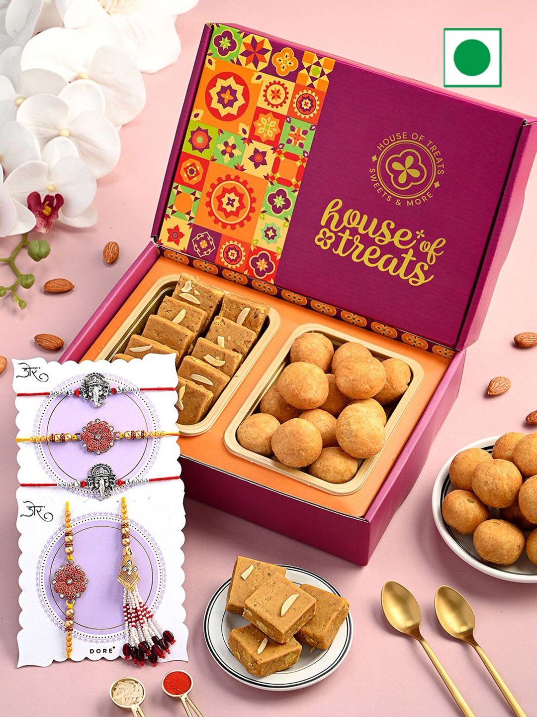 

RawFruit 7-Pcs Sweets Gift Box With Rakhi Set, Brown