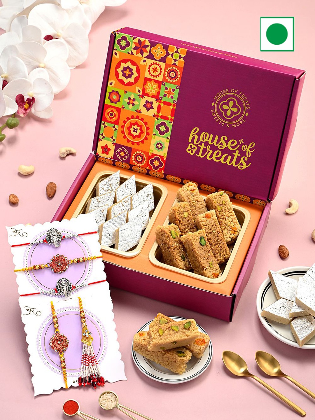

RawFruit 7-Pcs Sweets Gift Box With 5 Rakhi, Pink