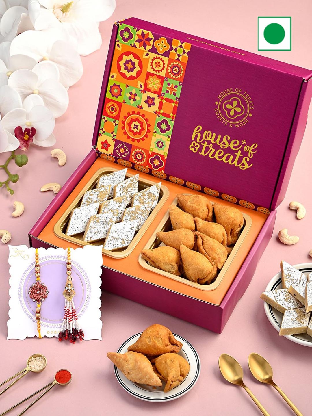 

RawFruit 3-Pcs Sweets Gift Box With Bhai Bhabhi Rakhi Set, Pink