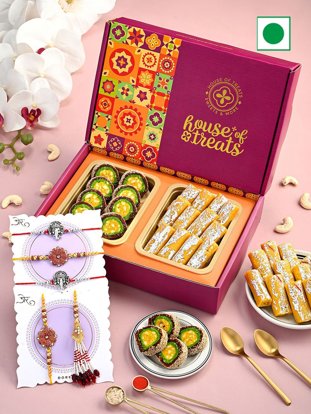 

RawFruit 7-Pcs Sweets Gift Box With Rakhi Set, Pink