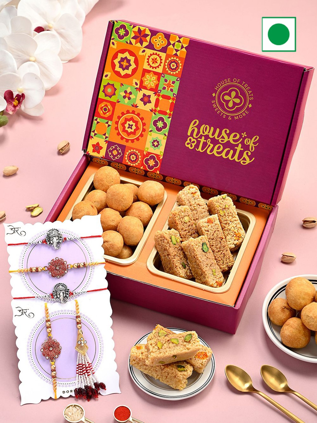 

RawFruit 7-Pcs Sweets Gift Box With Rakhi Set, Pink