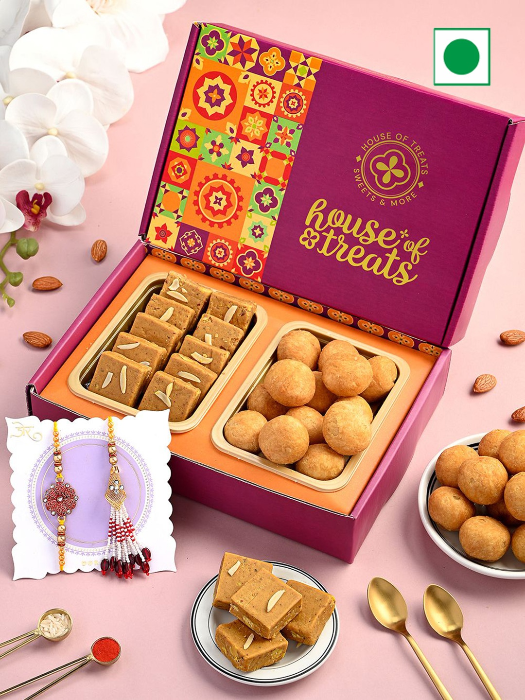 

RawFruit 3-Pcs Sweets Gift Box With Bhaiya Bhabhi Rakhi Set, Pink
