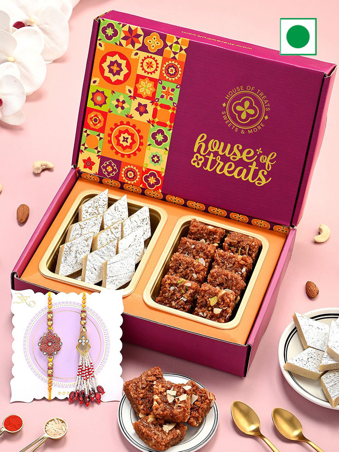 

RawFruit 3-Pcs Sweets Gift Box With Bhai Bhabhi Rakhi, Pink