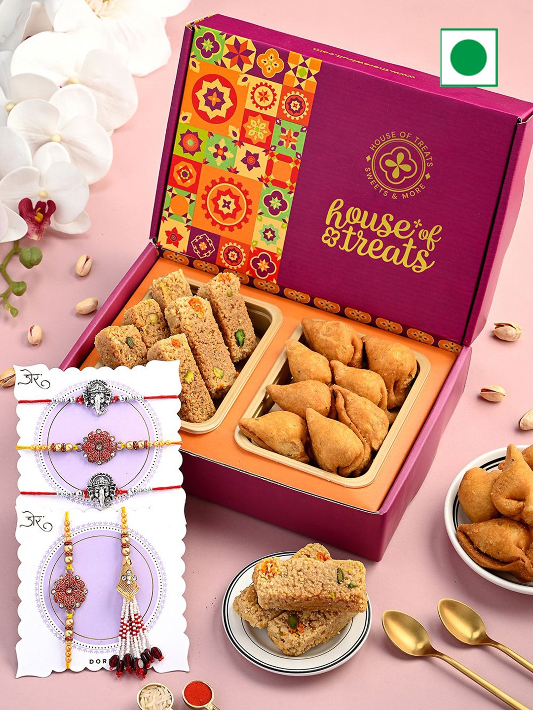 

RawFruit 7-Pcs Sweets Gift Box With Rakhi Set, Pink