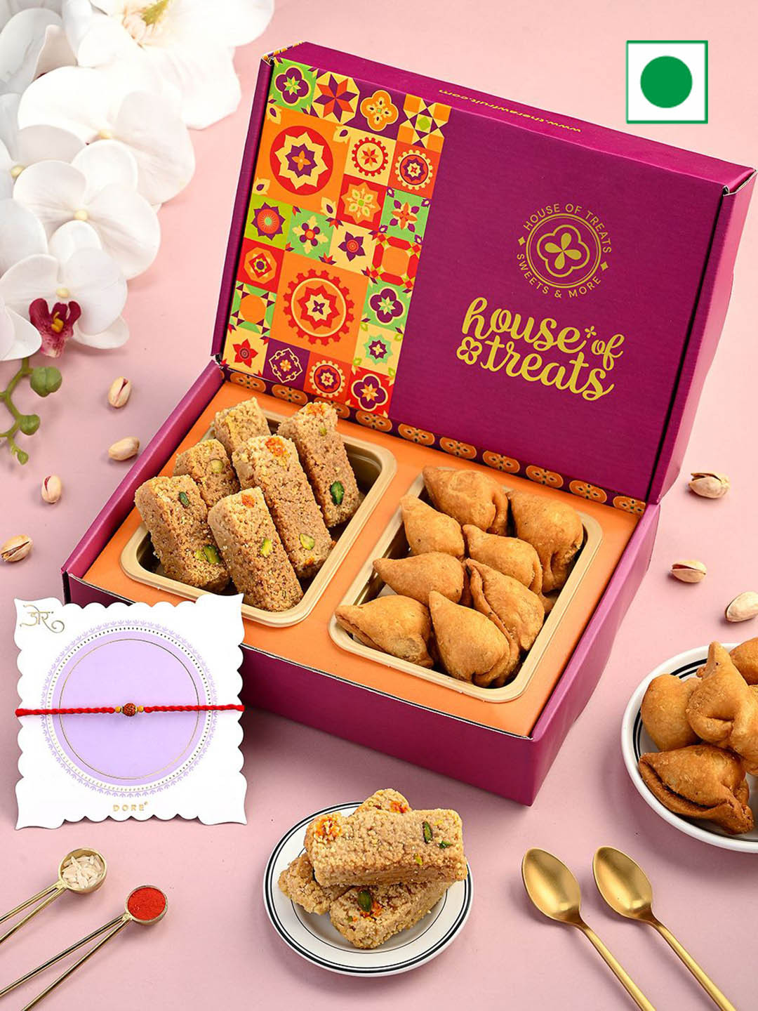 

RawFruit 3-Pcs Sweets Gift Box With Rakhi, Pink