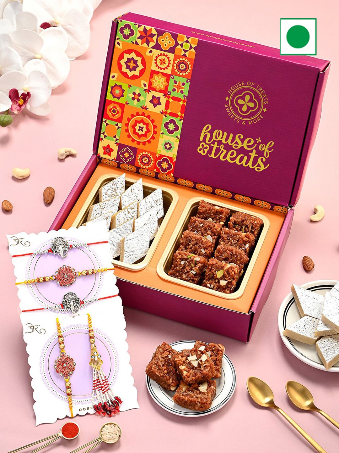 

RawFruit 7-Pcs Sweets Gift Box With Rakhi Set, Pink