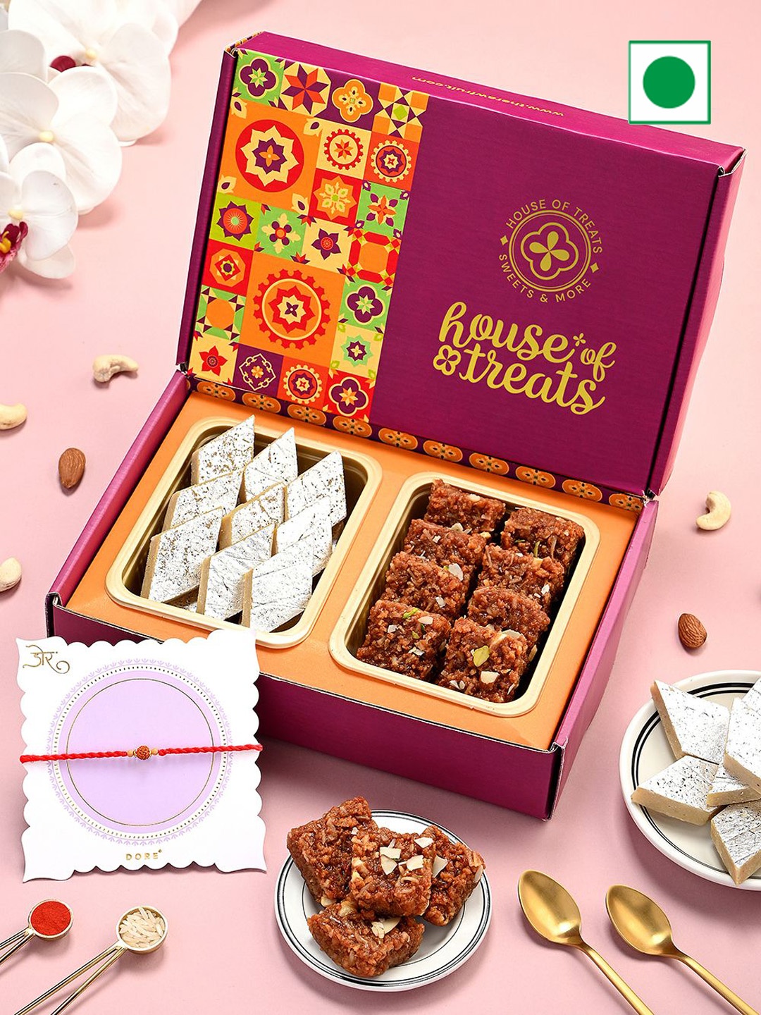 

RawFruit 3-Pcs Sweets Gift Box With Rakhi, Pink