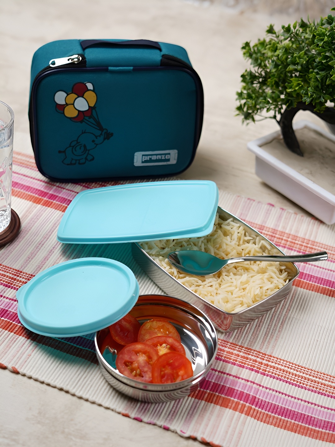 

Aura Blue 2 Pieces Stainless Steel Dishwasher Safe Lunch Box With Lunch Bag