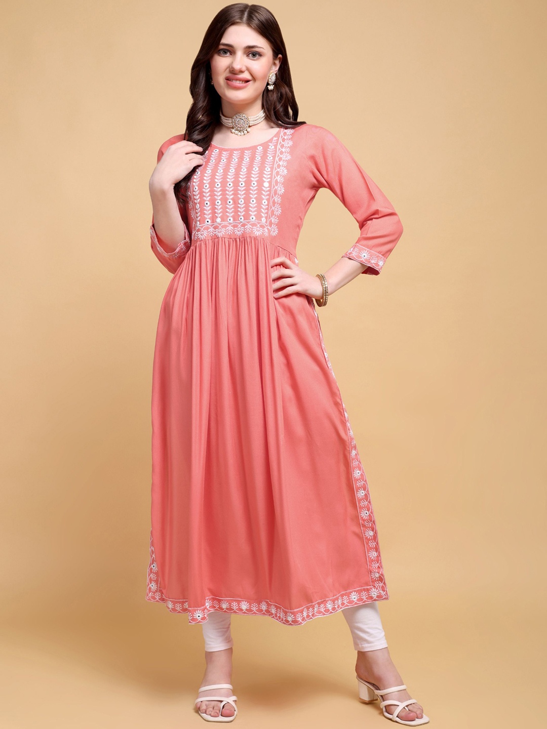 

JAFFRY EMBROIDERY Floral Yoke Designed Pleated Mirror Work Straight Kurta, Peach