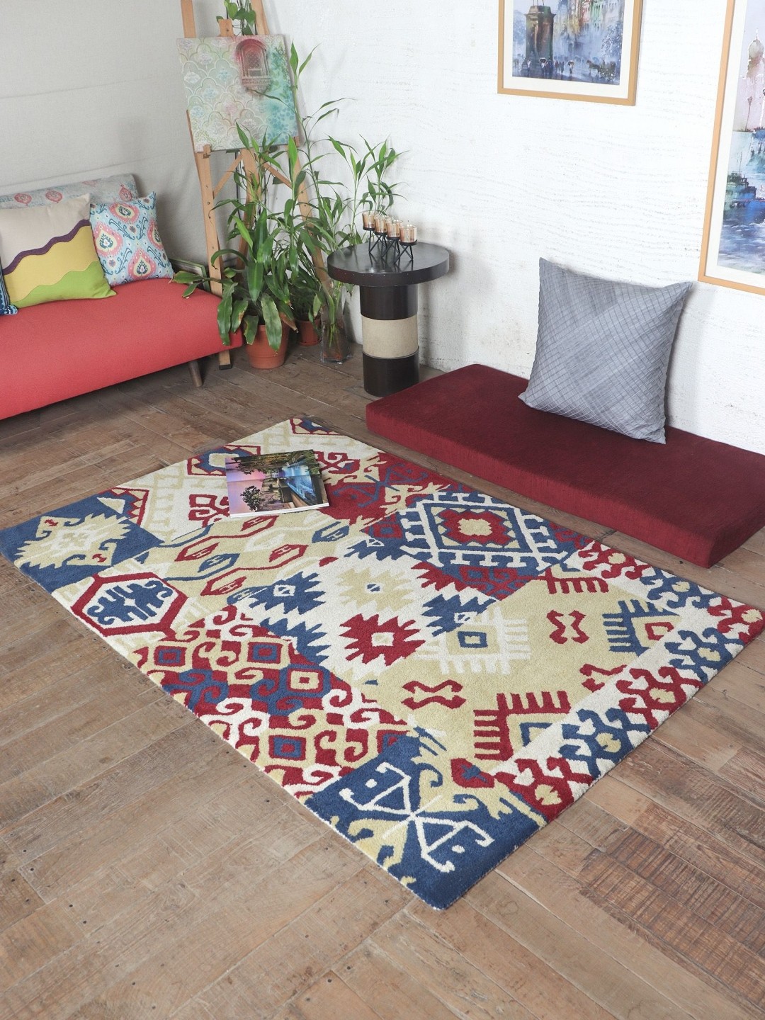 

ZEBA Blue & Red Ethnic Motifs Printed Rectangle Shaped Hand-Tufted Woollen Carpet