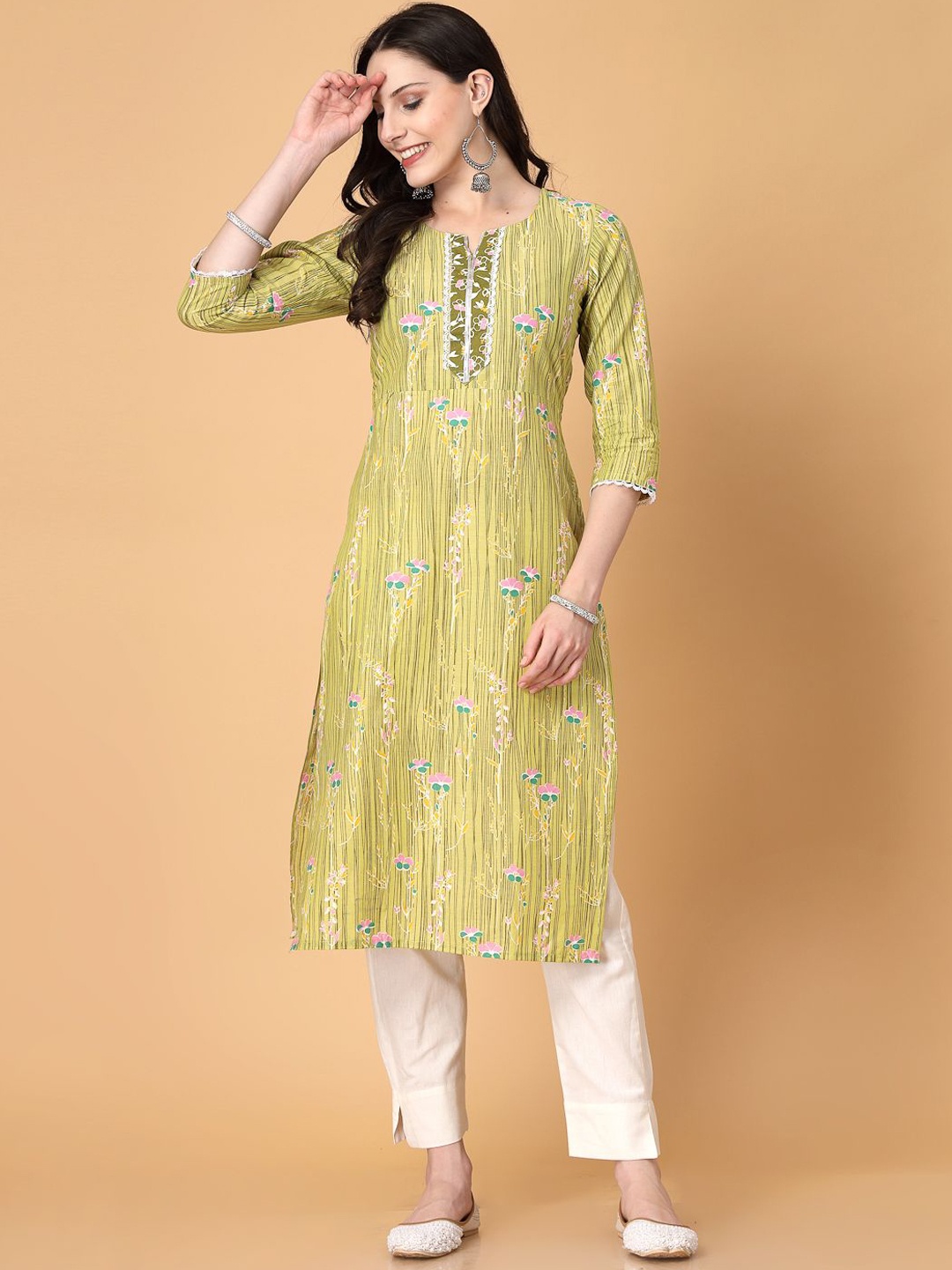 

God Bless Floral Printed Gotta Patti Pure Cotton Straight Kurta, Green