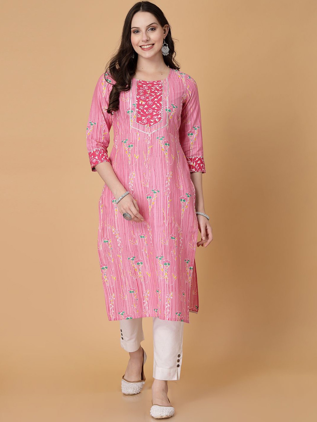 

God Bless Floral Printed Gotta Patti Pure Cotton Straight Kurta, Pink